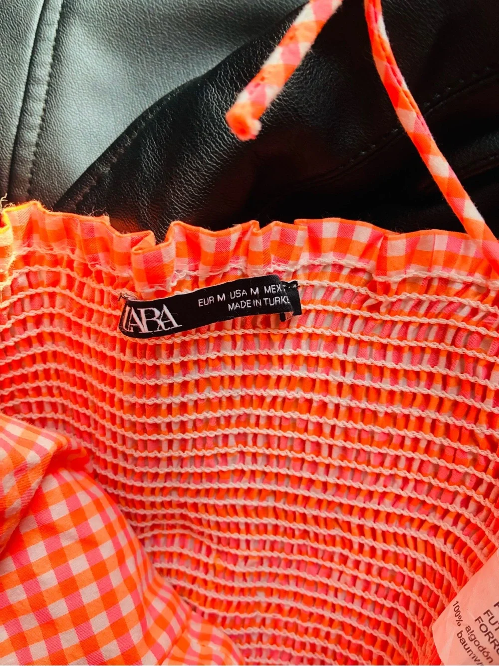 Zara Gingham Ruched Crop Top Orange Pink Smocked Tie Strap Y2K Size M